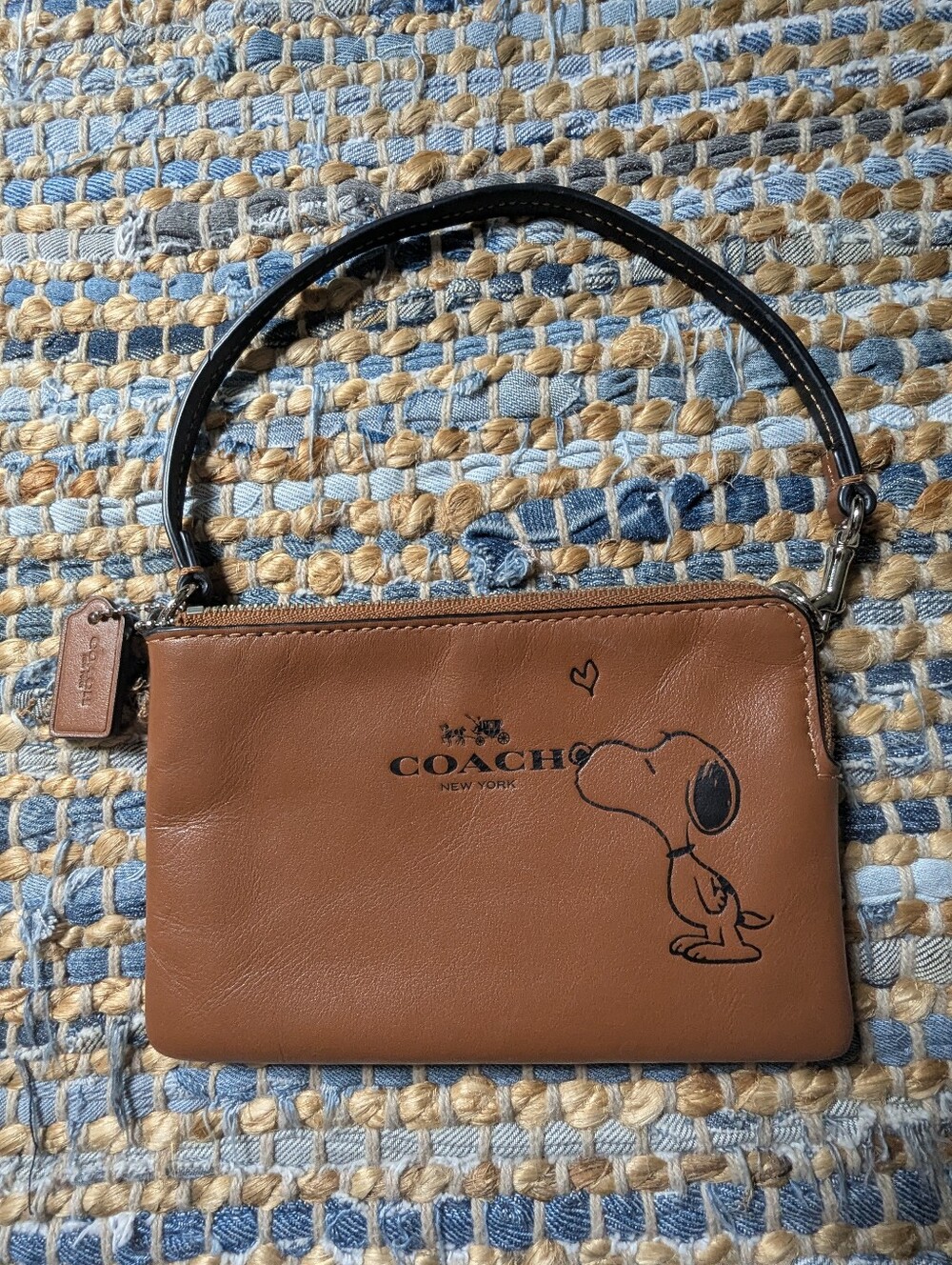 Coach X Peanuts Snoopy Brown Leather Wristlet Wallet Pouch Zip Top Wristlet